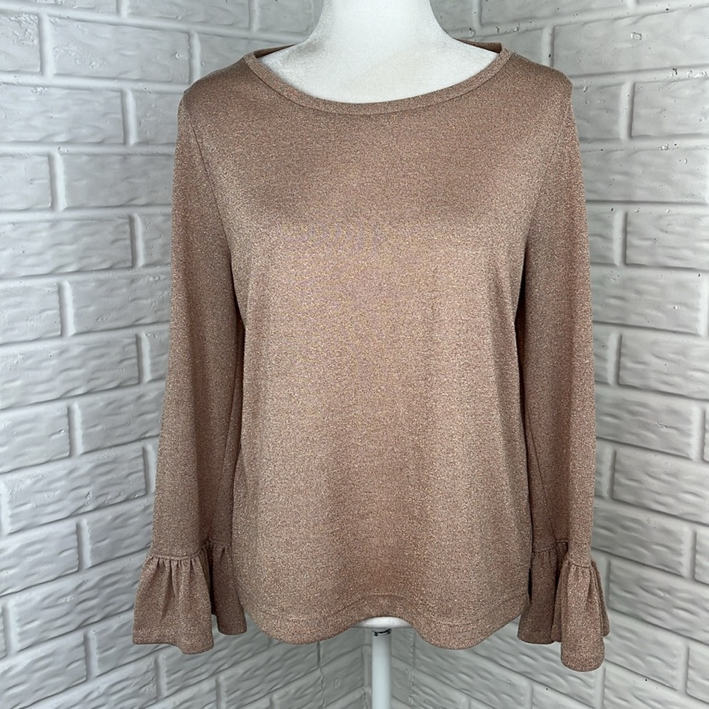 J. CREW ROSE GOLD BELL SLEEVE METALLIC TOP WOMENS SIZE LARGE